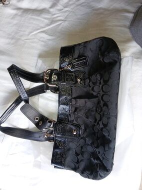 Coach Black Signature Jacquard Shoulder Bag with Patent Trim